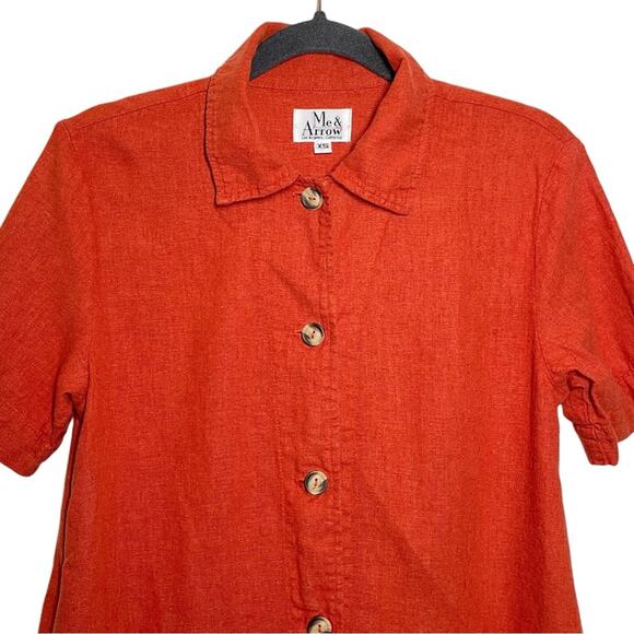 Me & Arrow Orange Red Linen Blend Button Front Short Sleeve Shirt Dress - XS - Picture 3 of 11